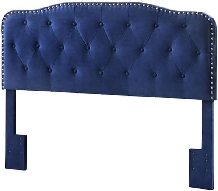 Navy Velvet Full/Double Bed with Silver Nailhead Trim and Tufted Headboard