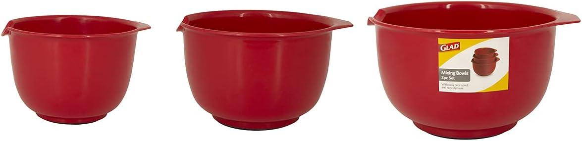 Glad Mixing Bowls with Pour Spout, Set of 3 | Nesting Design Saves Space | Non-Slip, BPA Free, Dishwasher Safe | Kitchen Cooking and Baking Supplies, Red