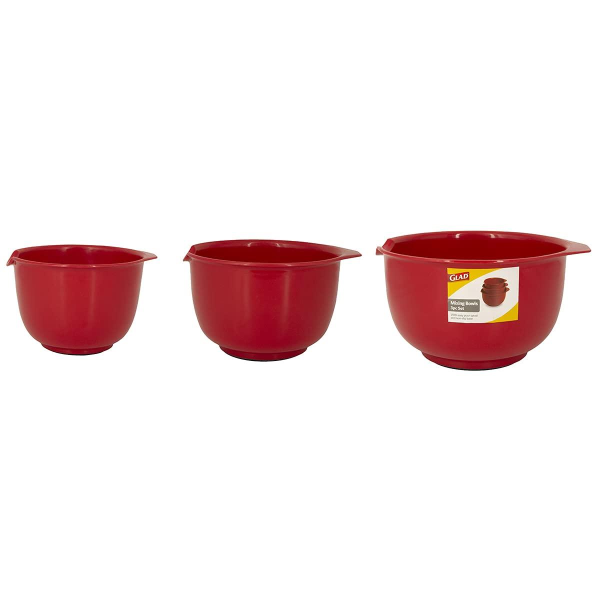 Glad Mixing Bowls with Pour Spout, Set of 3 | Nesting Design Saves Space | Non-Slip, BPA Free, Dishwasher Safe | Kitchen Cooking and Baking Supplies, Red