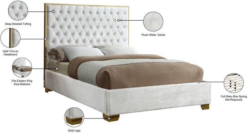 Meridian Furniture Lana Collection Modern | Contemporary Velvet Upholstered Bed with Deep Detailed Tufting and Gold Legs, King, White