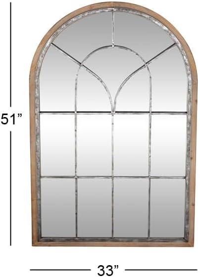 Glass Window Pane Inspired Wood Wall Mirror with Arched Top Brown - Olivia & May: Distressed Whitewash Finish, No Assembly Required