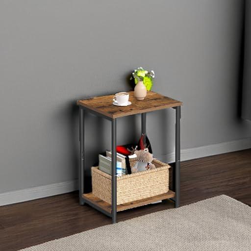 Rustic Brown and Black Metal Rectangular Side Table with Storage Shelf