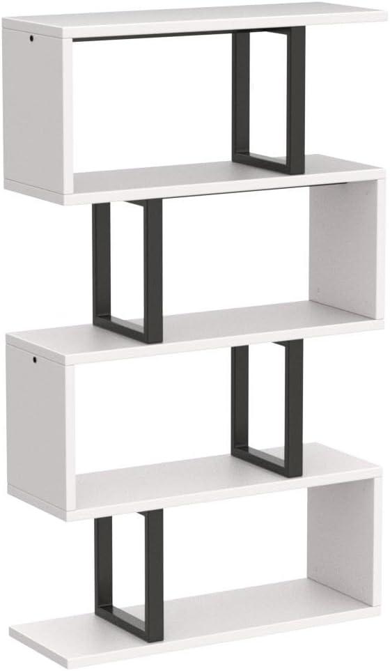 Satiny 5-Tier Bookshelf, S-Shaped Z-Shelf Bookshelves and Bookcase, Modern Freestanding Multifunctional Decorative Storage Shelving for Living Room Home Office, Cream White