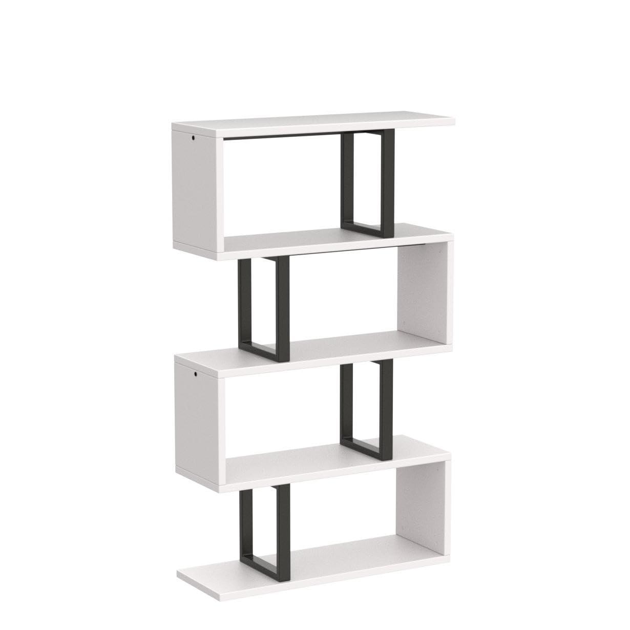 Satiny 5-Tier Bookshelf, S-Shaped Z-Shelf Bookshelves and Bookcase, Modern Freestanding Multifunctional Decorative Storage Shelving for Living Room Home Office, Cream White