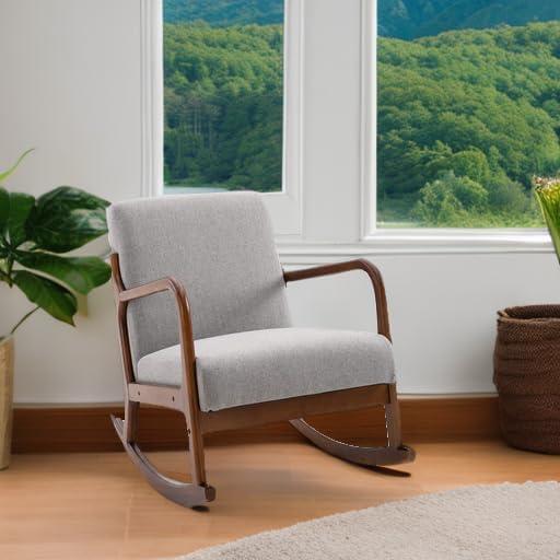 HOMCOM Upholstered Rocking Armchair with Wood Base and Linen Fabric Padded Seat for Living Room