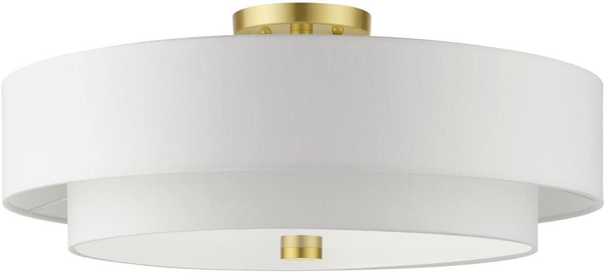 Satin Brass Meridian 5-Light Semi Flush Drum Ceiling Light with Off-White Shade