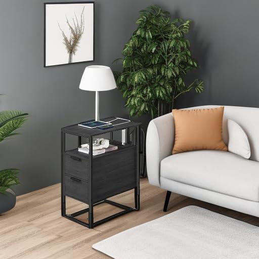 Side Table with Charging Station, Narrow End Table with 2 Drawers, Slim Nightstand and Bedside Table with Storage, for Small Spaces, Black ULET321B22