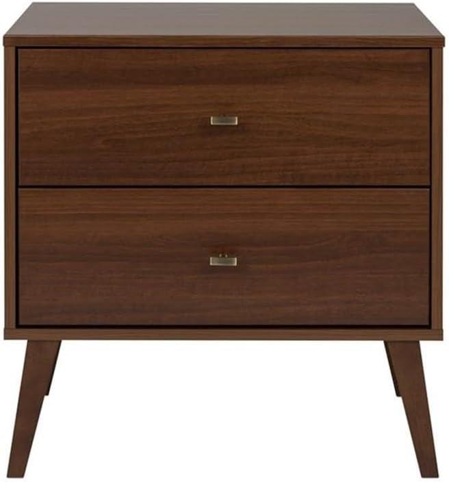 Milo Mid Century Modern 2 Drawer Nightstand Cherry - Prepac: Brushed Brass Knobs, Tapered Legs