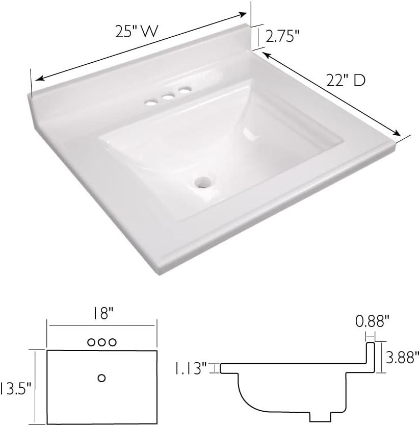 Design House 557629-WHT 25-inch Camilla Cultured Marble Centerset Mount Rectangle Singe Bowl Vanity Top with Integrated Backsplash, Solid White