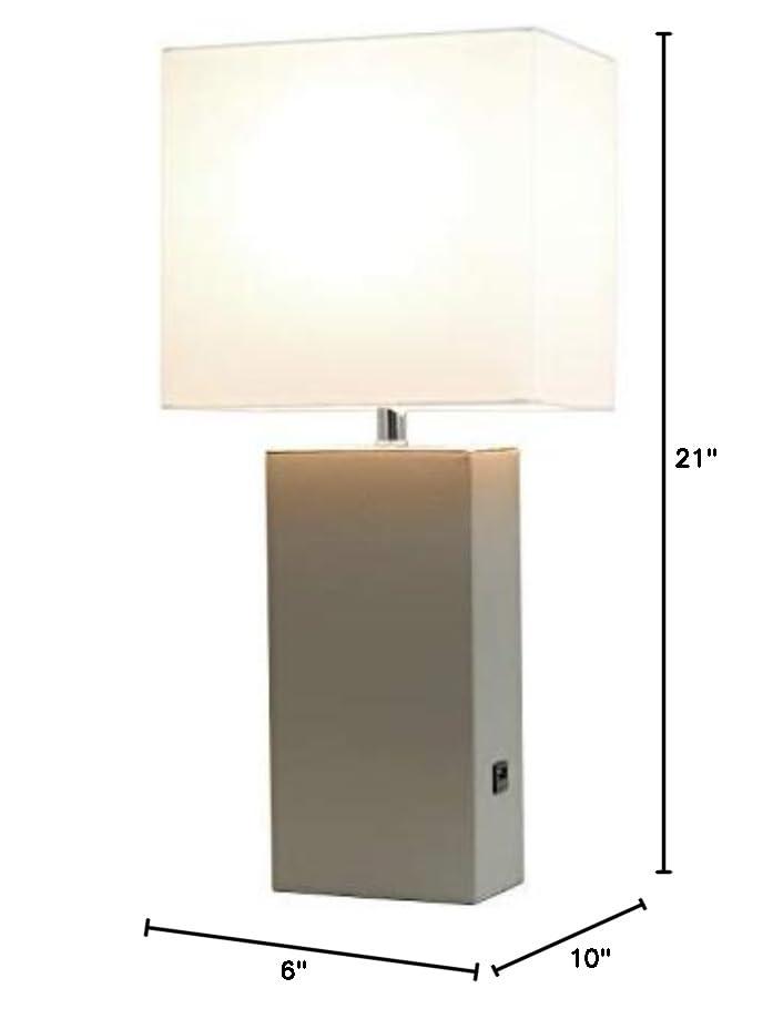 Modern Leather Table Lamp with USB and Fabric Shade Gray/White - Elegant Designs: Chic USB Charging Port, Linen Shade, No Assembly Required