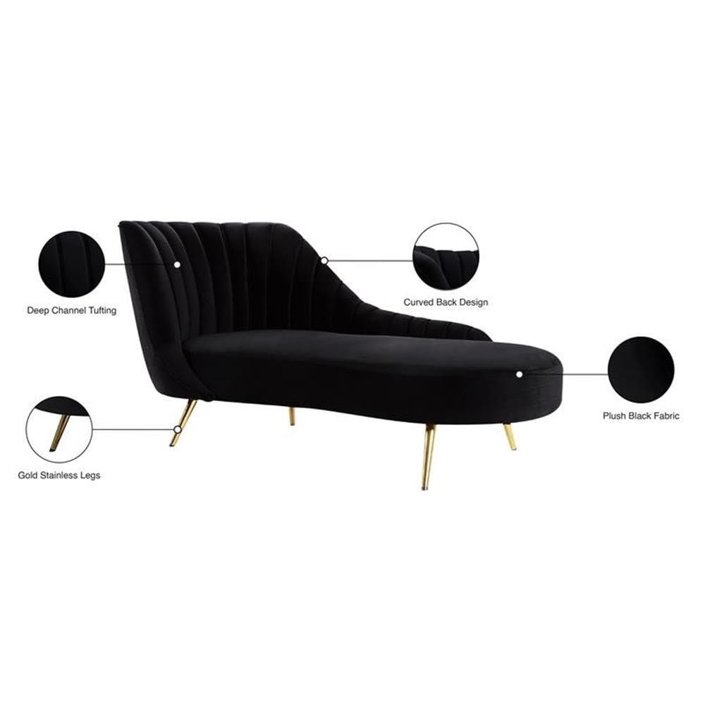 Meridian Furniture Margo Collection Modern | Contemporary Velvet Upholstered Chaise with Deep Channel Tufting and Rich Gold Stainless Steel Legs, Black, 74" W x 37.5" D x 35" H