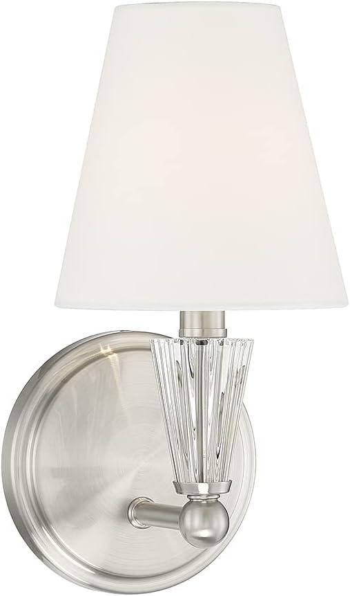 Brushed Nickel Crystal Accent Dimmable Wall Sconce with White Fabric Shade