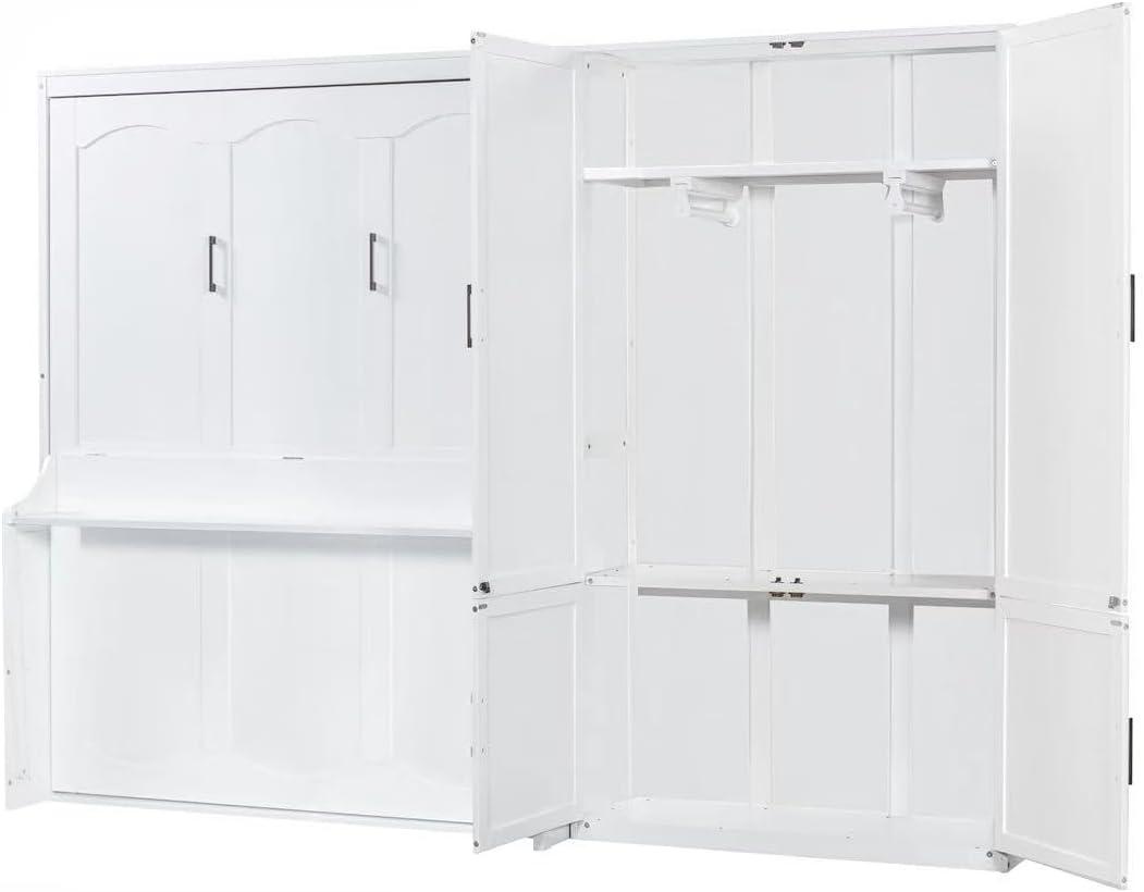Murphy Bed with Closet and Wardrobe, Versatile Wall Bed, Foldable Murphy Cabinet, Queen Size, White