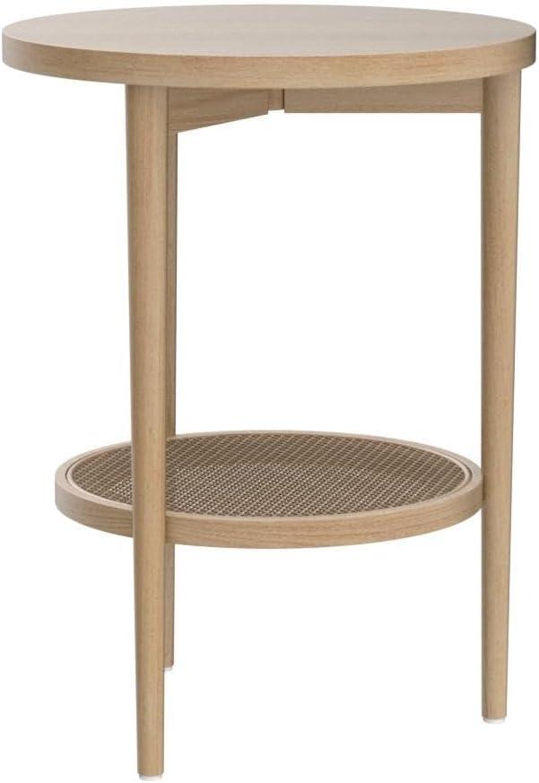 Sonia Light Brown Round Wood End Table with Rattan Shelf, Set of 2