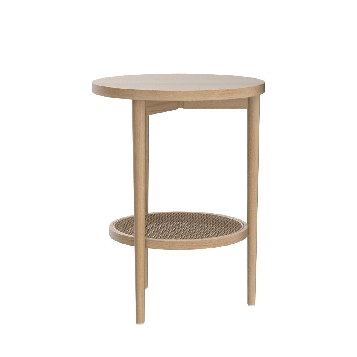 Sonia Light Brown Round Wood End Table with Rattan Shelf, Set of 2
