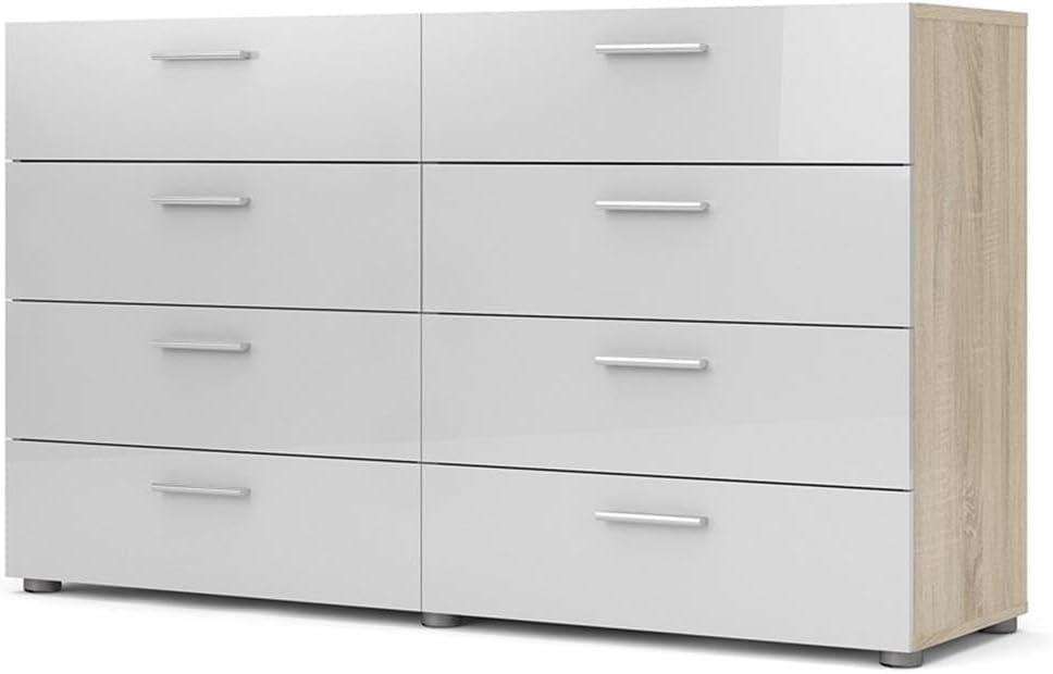 Tvilum Loft 8 Drawer Double Dresser for Adults, Oak Structure and White High Gloss