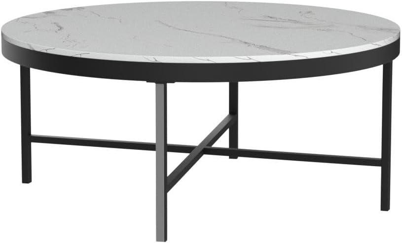 Evelyn&Zoe Xivil 36" Wide Round Coffee Table with Faux Marble Top in Blackened Bronze/Faux Marble