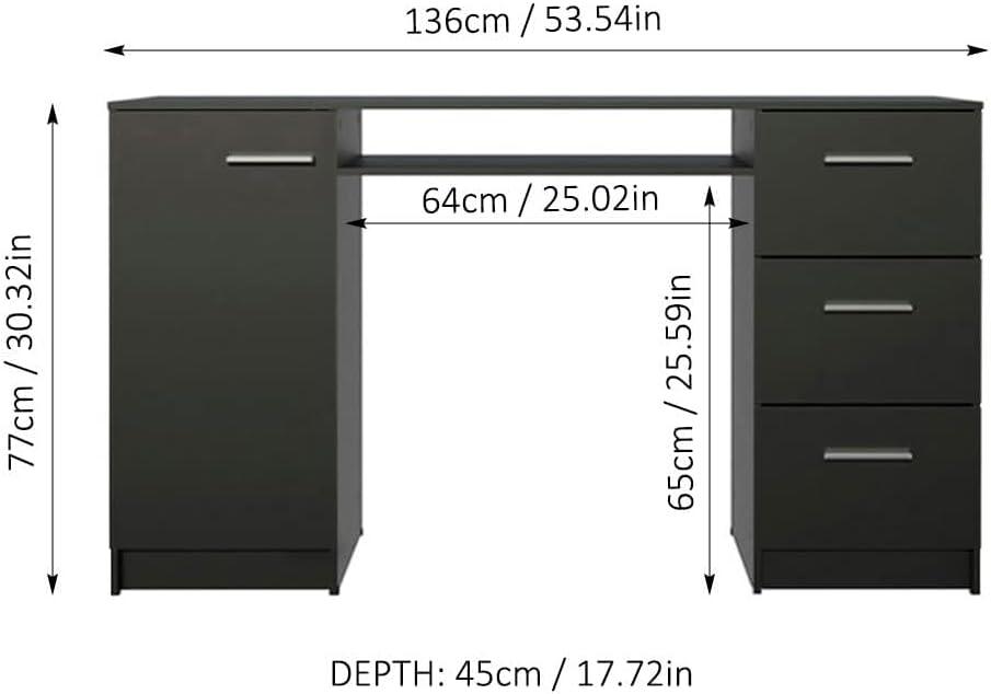 Madesa Modern Office Desk with Drawers 53 inch, Study Desk for Home Office, PC Table with 3 Drawers, 1 Door and 1 Storage Shelf (Black)