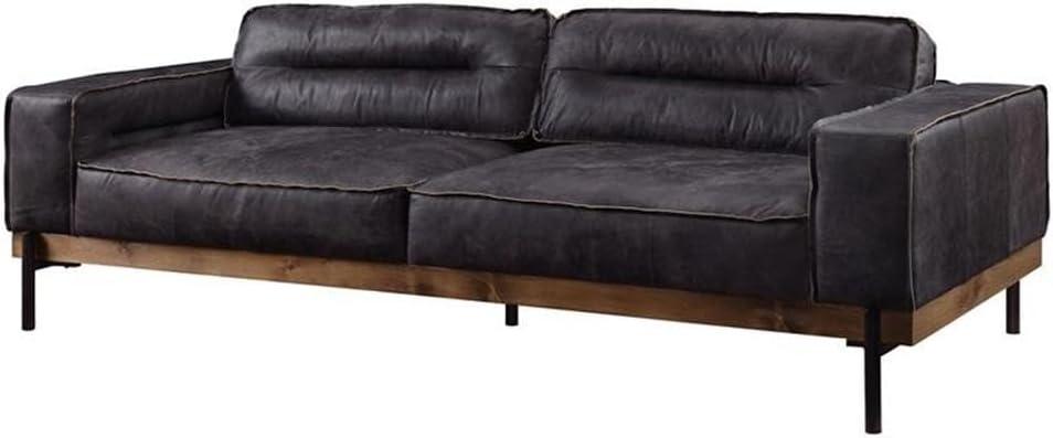 Antique Ebony Leather Sofa with Wooden Trim and Track Arms