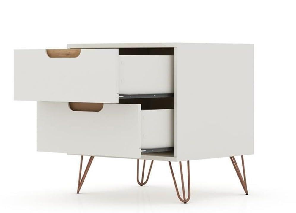 Manhattan Comfort 2.0 Rockefeller Nightstand Off White/Natural: Mid-Century Design, Splayed Metal Legs, Dual Drawers