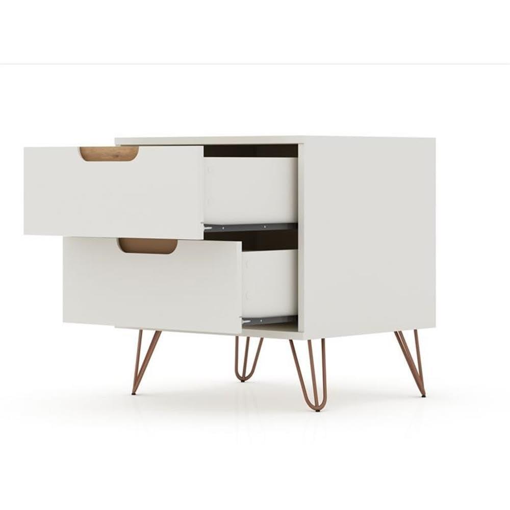 Manhattan Comfort 2.0 Rockefeller Nightstand Off White/Natural: Mid-Century Design, Splayed Metal Legs, Dual Drawers