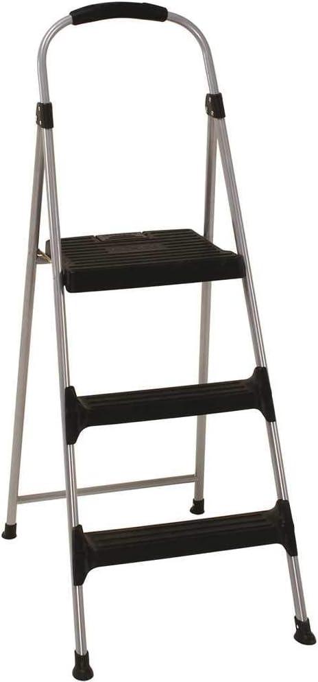 Cosco Signature Series Three Step Steel Step Stool with Plastic Steps, Silver and Black