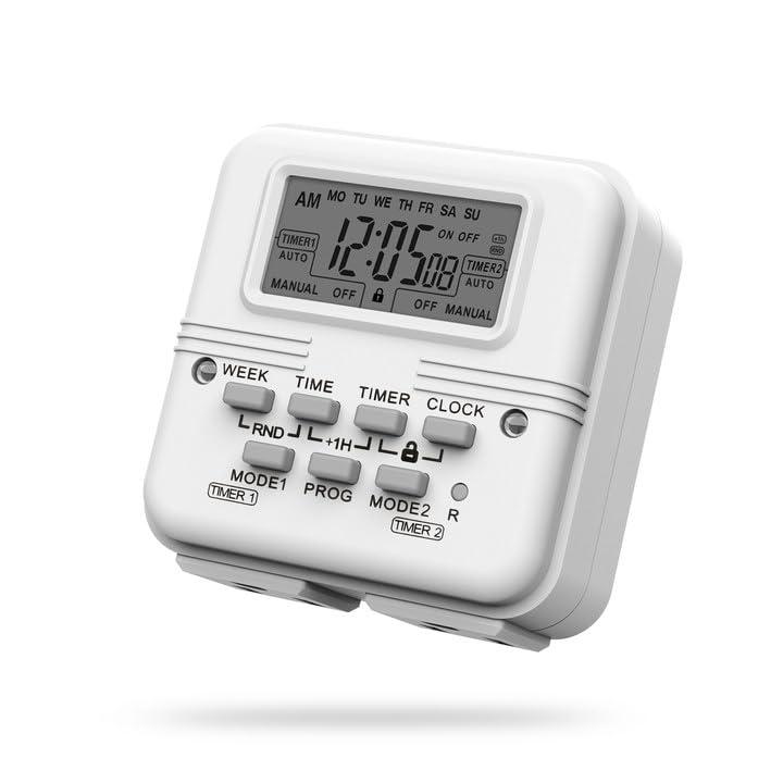 BN-LINK 7 Day Heavy Duty Digital Programmable Dual Outlet Timer - 2 Independently Programmable Grounded Outlets