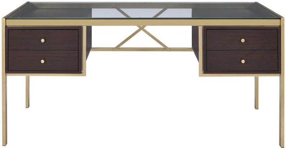 Gold and Espresso Glass Executive Desk with Drawers