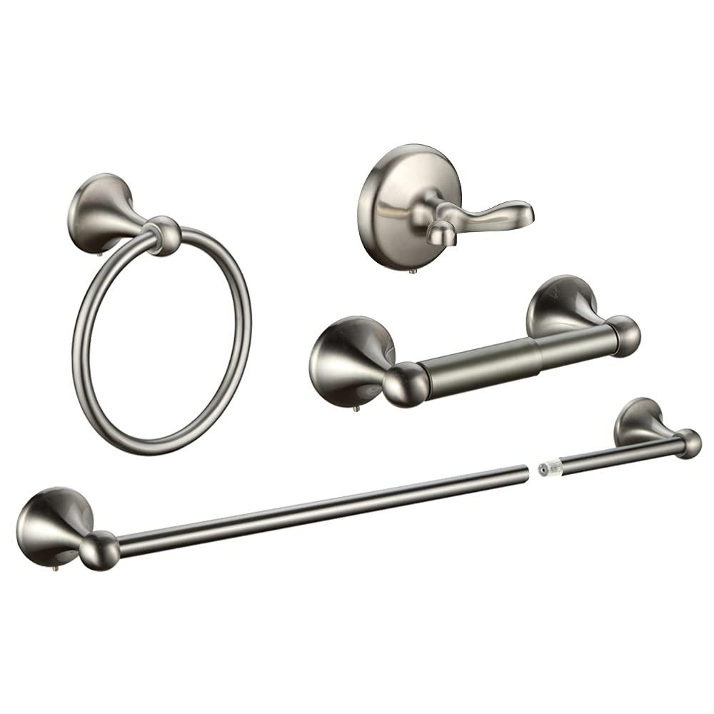 4 Piece Bathroom Accessory Set(Adjustable Towel Bar, Towel Ring, Toilet Paper Holder,Towel Hook), Wall Mounted Bathroom Hardware Accessories Set,Brushed Nickel