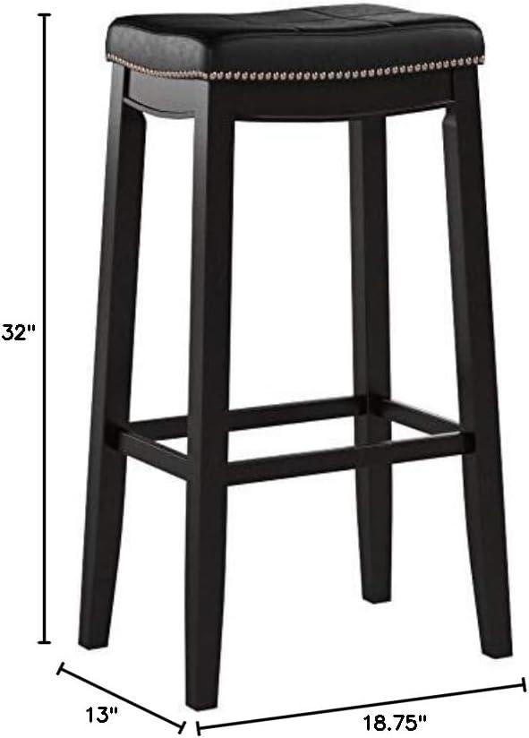 Claridge Backless Faux Leather Nailhead Saddle Barstool Black - Linon: Rubberwood Frame, 32.25" Height