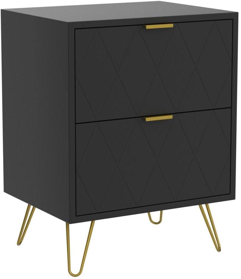 Eclife Set of 2 Black Nightstand End Table 2 Drawers Dressers Modern Mid Century Accent Bedside Tables Stand Wood with Gold Handle Legs for Adult Makeup Bedroom Living Room