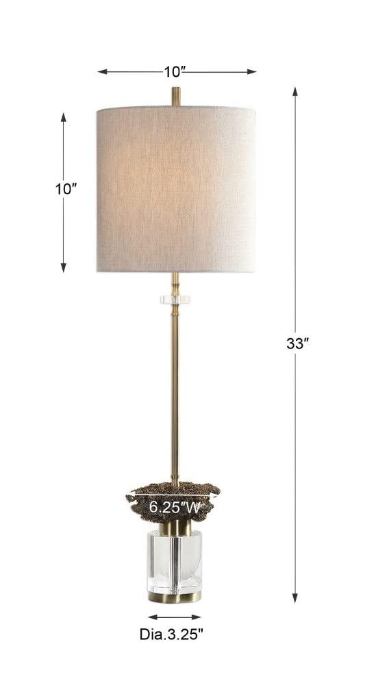Uttermost Modern Buffet Table Lamp 34" Tall Brushed Brass Crystal Oatmeal Linen Drum Shade for Living Room Bedroom House Dining