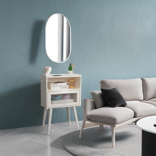 Mid Century Modern Nightstand with Charging Station, Bedside Tables with Glass Drawer, End Table Side Table with 2 Tiers Storage Space, for Bedroom, Living Room, White