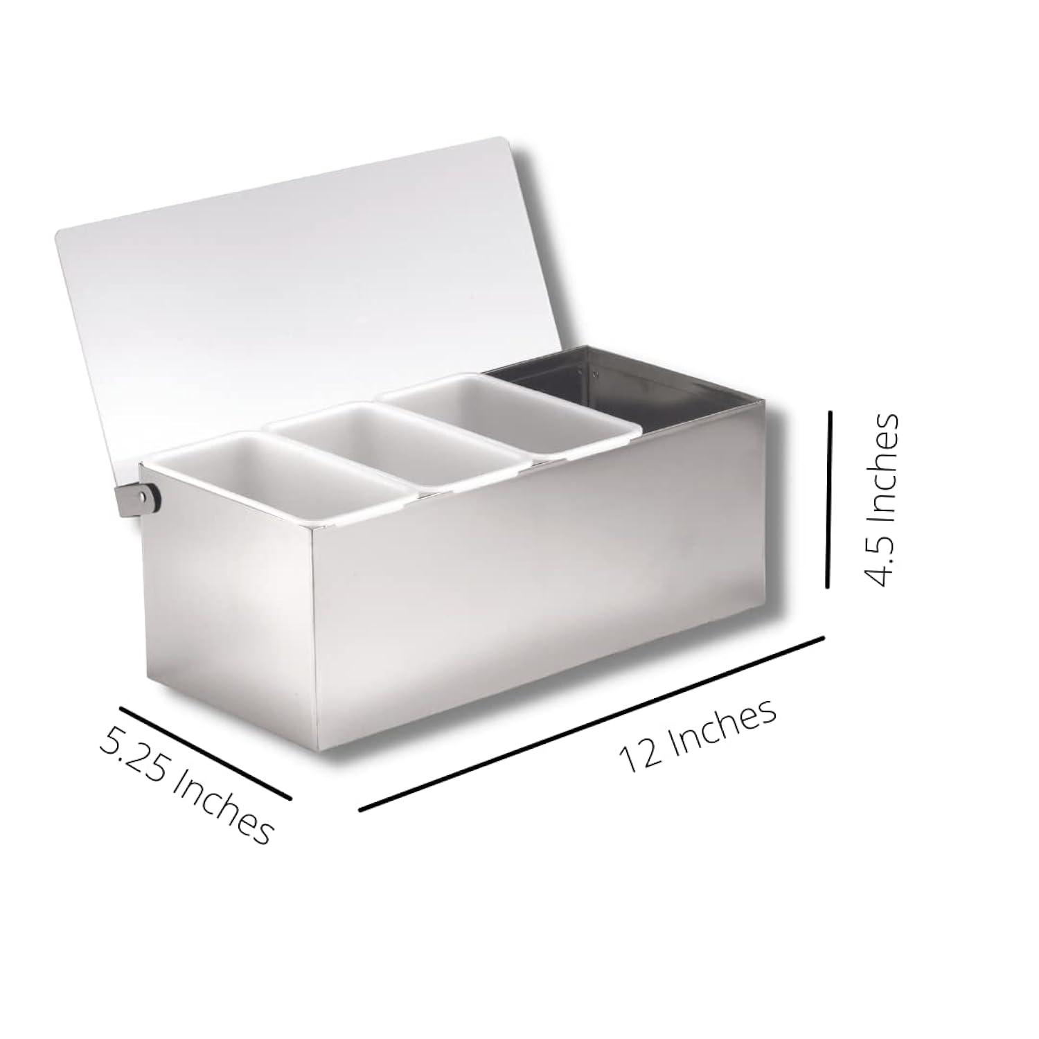 Silver Stainless Steel 4-Compartment Condiment Holder with Acrylic Lid