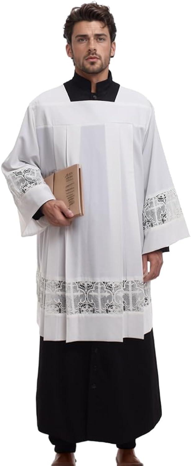 BLESSUME Catholic Pleated Lace Surplice Liturgical Cotta Vestment