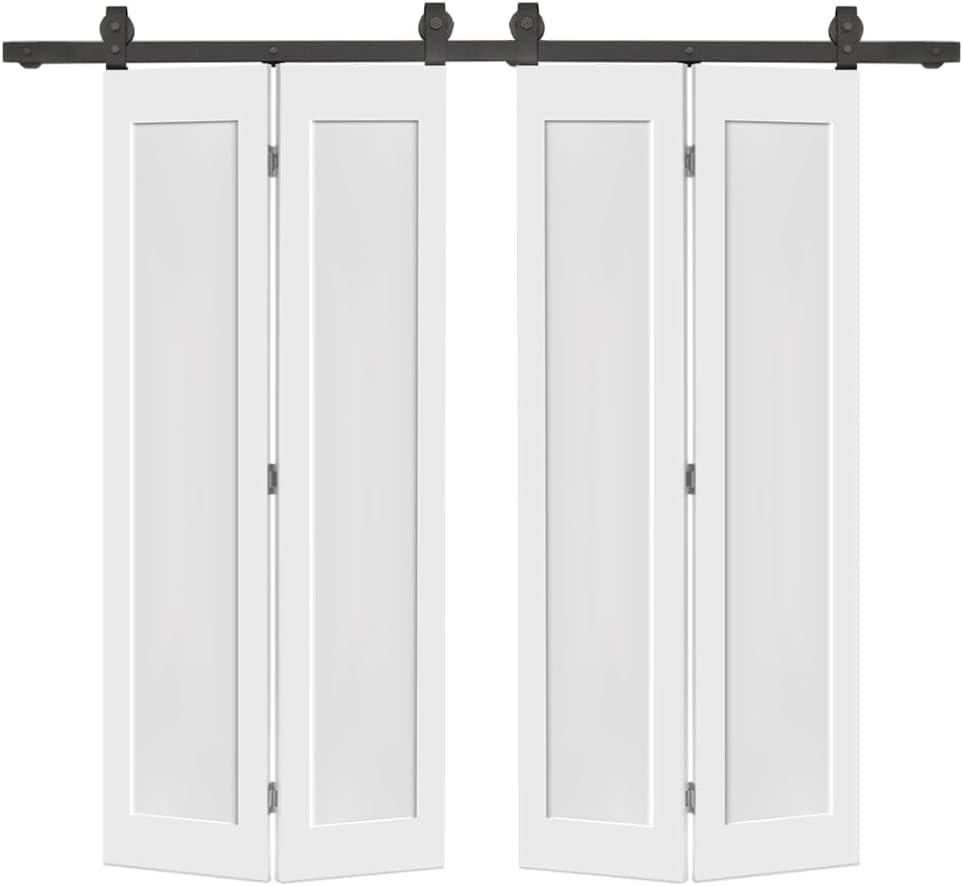64 in. x 80 in. 1 Panel Shaker Hollow Core White Composite Double Bi-Fold Door with Barn Door Hardware Kit