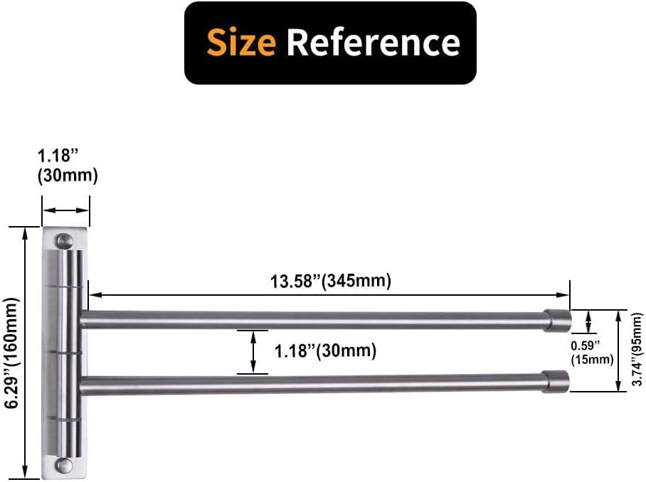 Stainless Steel Swing Out Towel Bar 2-Bar Folding Arm Swivel Hanger Bathroom Storage Organizer Rustproof Wall Mount Brushed Finish