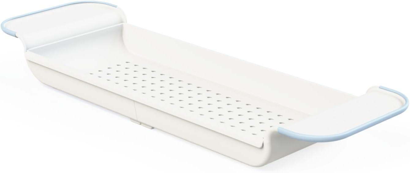 Expandable White and Blue Plastic Bathtub Tray