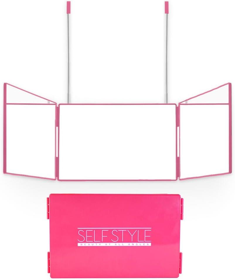 Self Style System - 3 Way Mirror for Hair Braiding - Three Way Mirror for Hair Styling and Hair Coloring - Over The Door Mirror with Telescoping Hooks - Travel Size (Pink)
