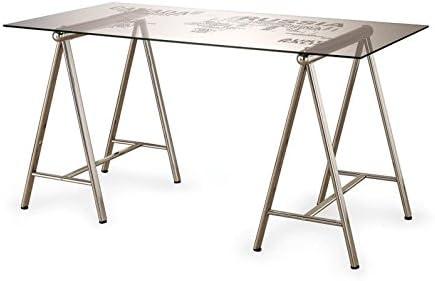 Patton Glass Top Sawhorse Writing Desk with World Map Nickel - Coaster: Steel Frame, Tempered Surface