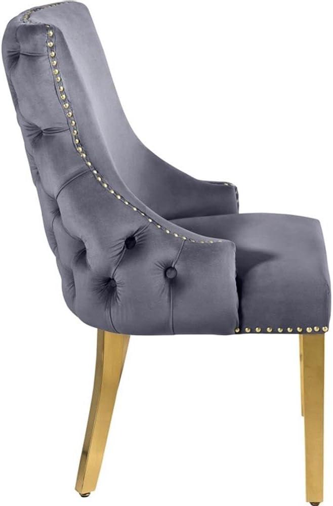Meridian Furniture Tuft Gray Velvet Dining Chair in Gold Finish (Set of 2)