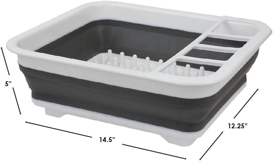 White and Gray Collapsible Silicone Dish Rack with Utensil Cup