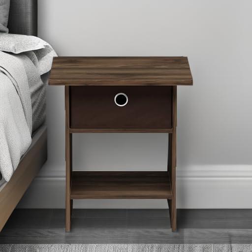 Furinno 10004 End Table/ Night Stand Storage Shelf with Bin Drawer, Columbia Walnut/Dark Brown