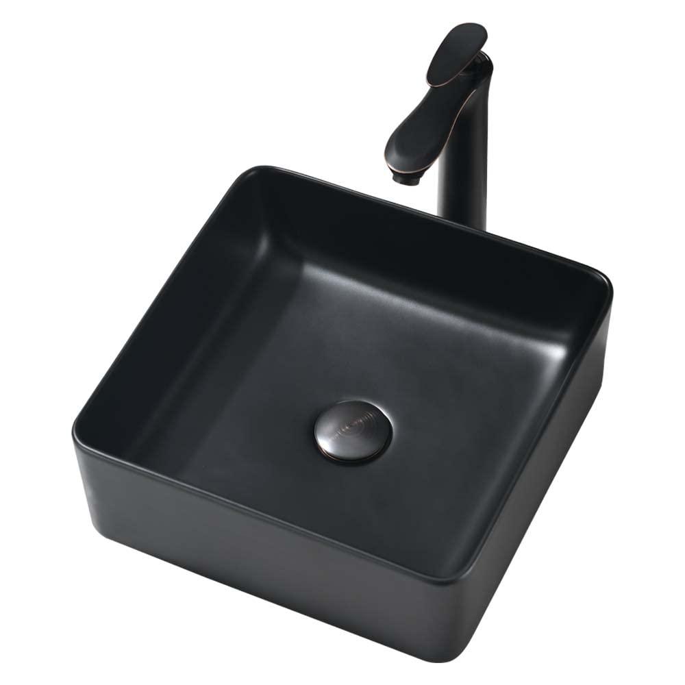 Matte Black Square Ceramic Above-Counter Vessel Sink with Pop-Up Drain