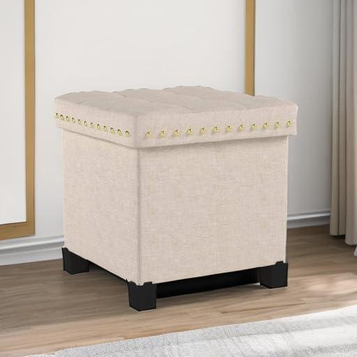 Nathan James Payton Foldable Cube Storage Ottoman Footrest and Seat with Beige Fabric