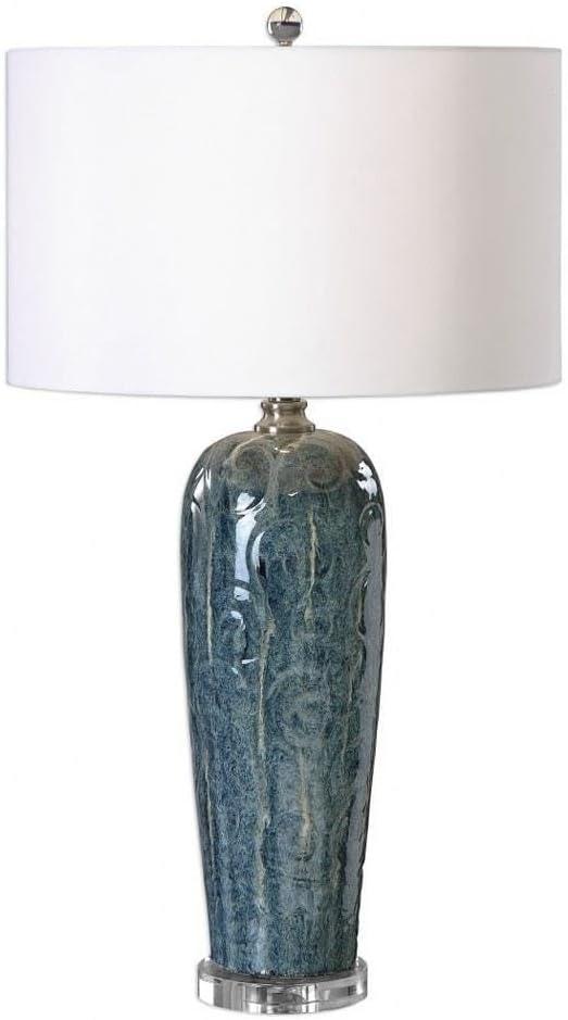 Heathered Blue Ceramic Table Lamp with White Drum Shade