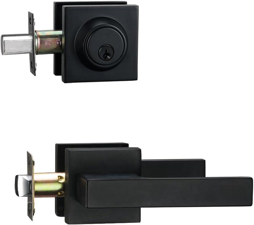 Matte Black Exterior Door Locksets with Deadbolt,Front Door Entry Handle and Single Cylinder Deadbolt Set, Square Door Lever with Keyed One Side Deadbolt Lock, 1Pack