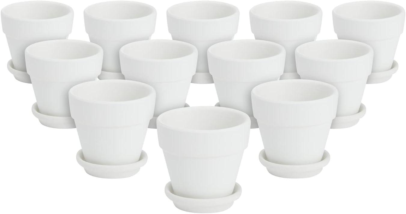 Juvale 12 Pack White Clay Mini Terracotta Pots with Saucers and Drainage Hole, Paintable Pottery for Succulents, Crafts, and Wedding Decor, 3 Inch