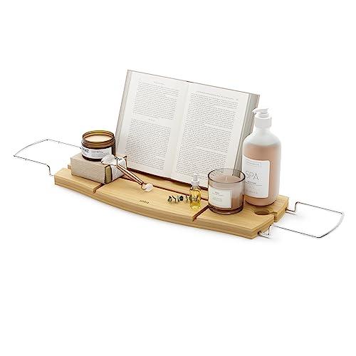 Luxury Bamboo Freestanding Bathtub Caddy with Wine Glass Holder