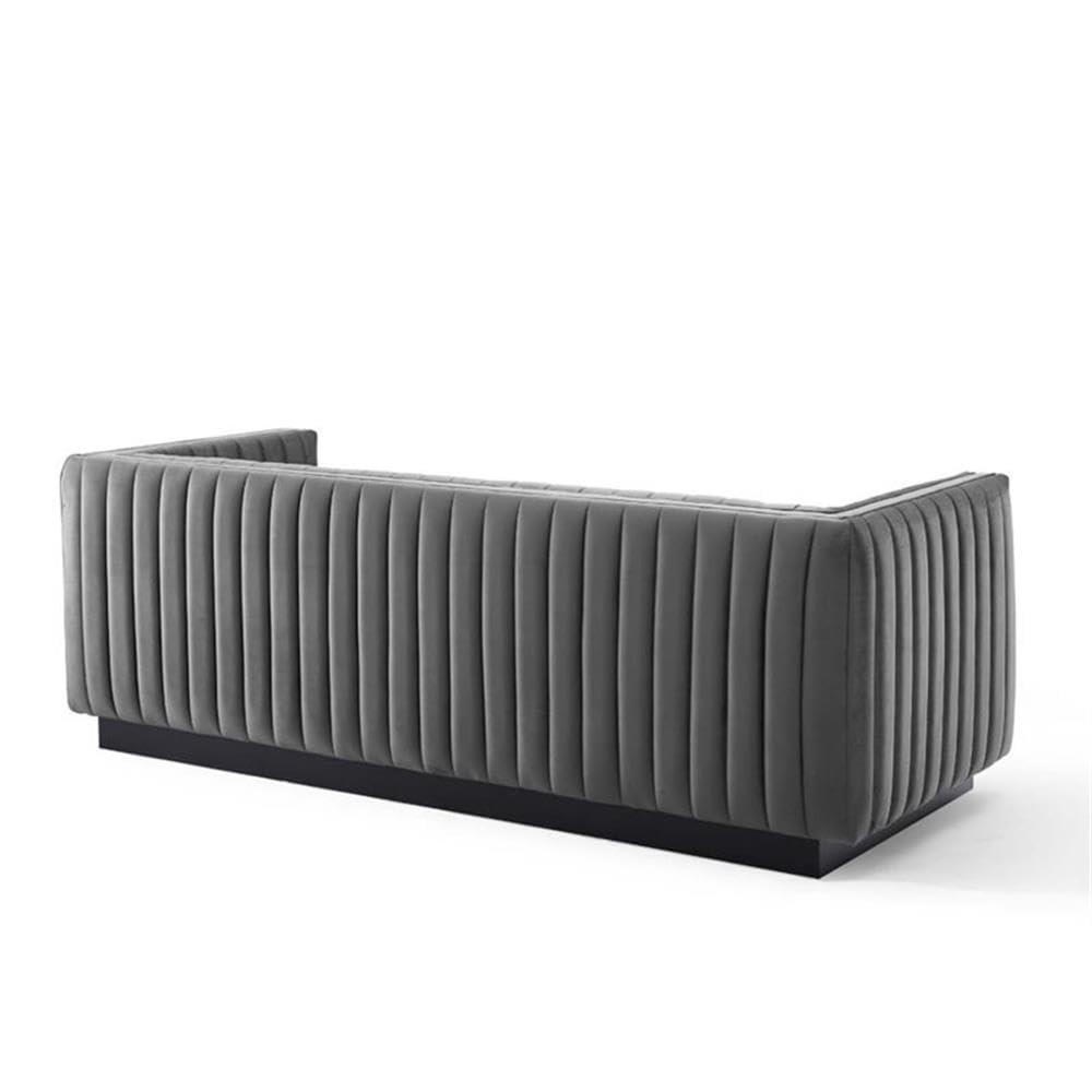 Gray Tufted Velvet Tuxedo Arm Sofa with Wood Base